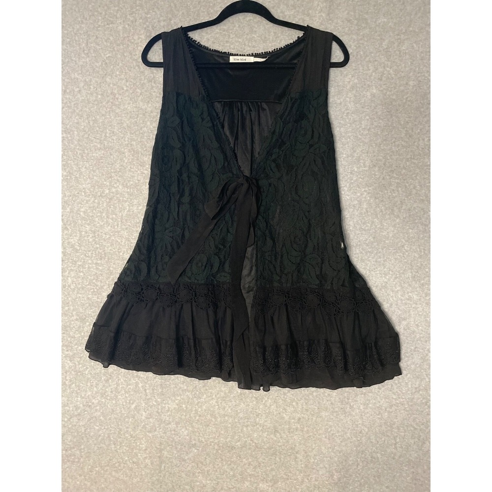 Blue Bird Lace Vest Womens Large Mesh Knit Whimsigoth Tiered Front Tie Layering